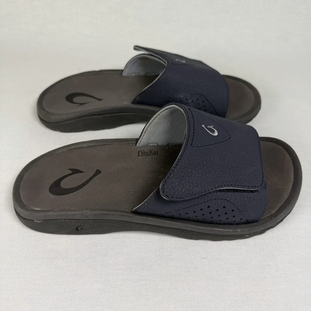 Olukai Nalu Slides Mens 8 Blue Sandals Cushioned Footbed Adjustable Upper Strap